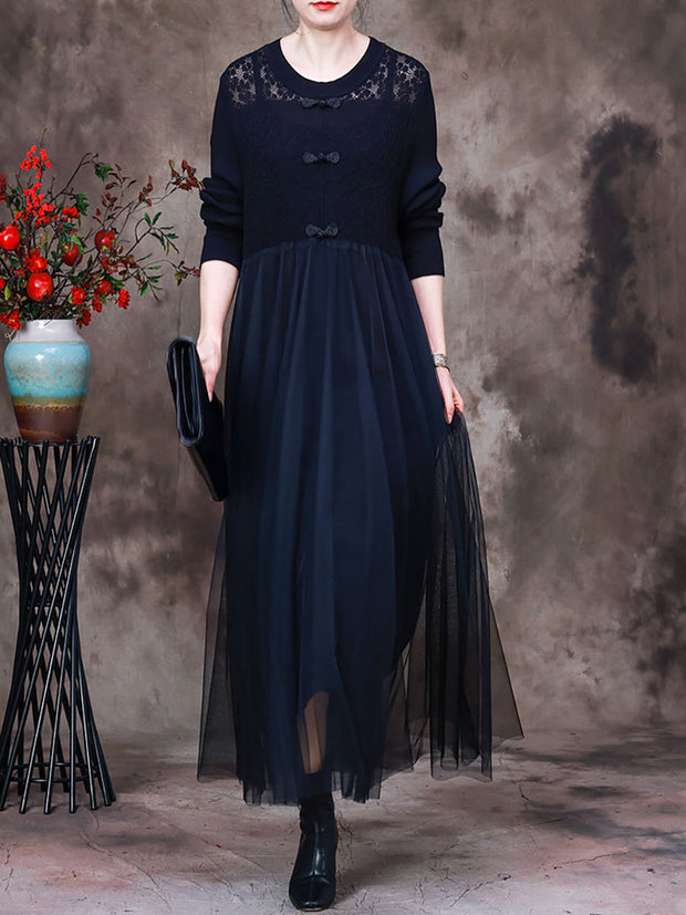 Vintage Solid Hollow Out Autumn Women Long Dress