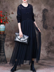 Vintage Solid Hollow Out Autumn Women Long Dress