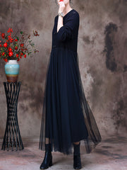 Vintage Solid Hollow Out Autumn Women Long Dress