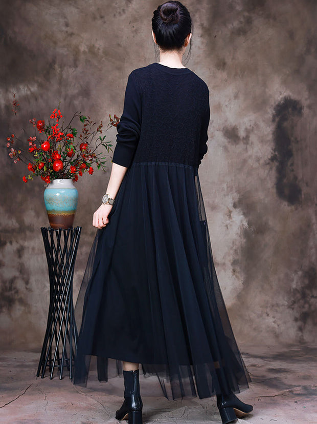 Vintage Solid Hollow Out Autumn Women Long Dress