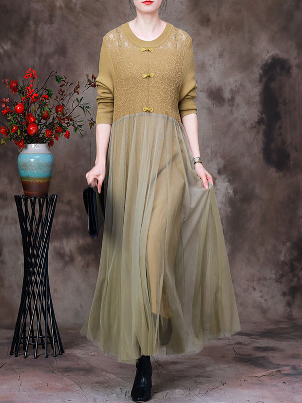 Vintage Solid Hollow Out Autumn Women Long Dress