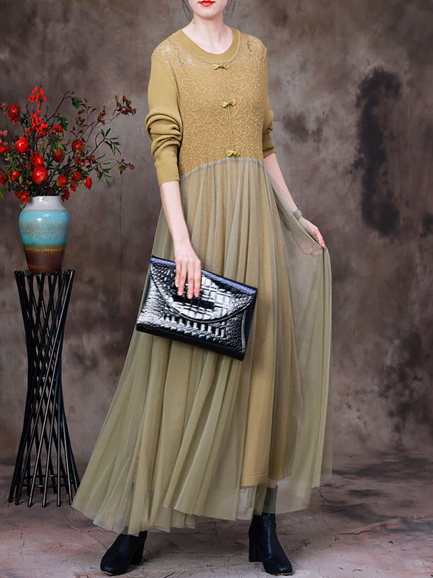 Vintage Solid Hollow Out Autumn Women Long Dress