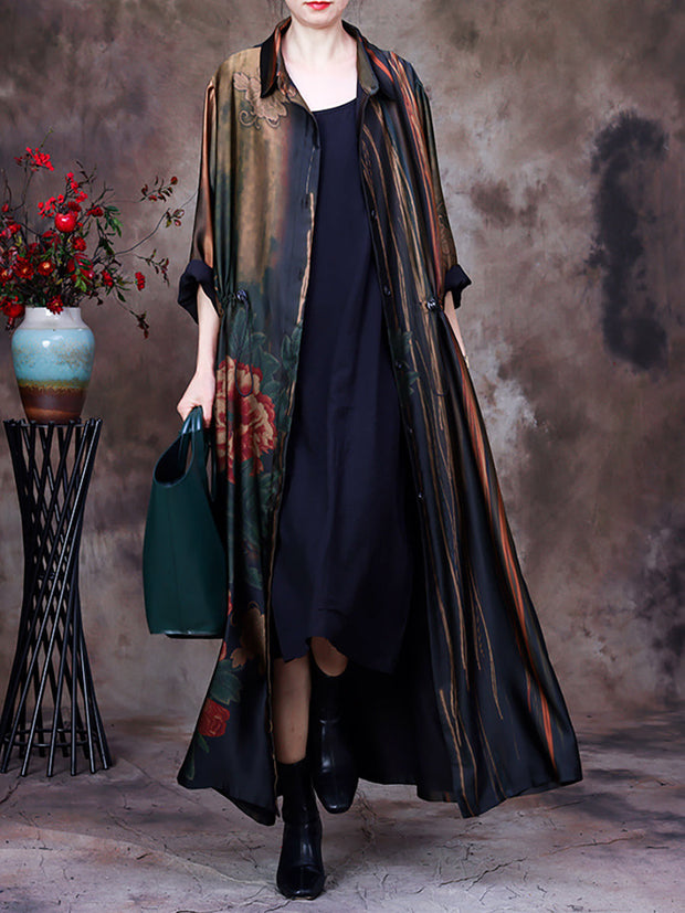 Plus-Size Women Vintage Print Loose Long Coat