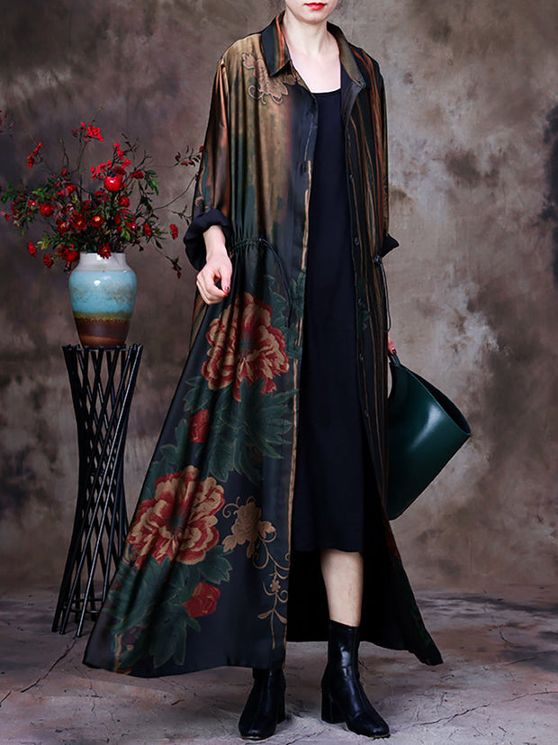 Plus-Size Women Vintage Print Loose Long Coat