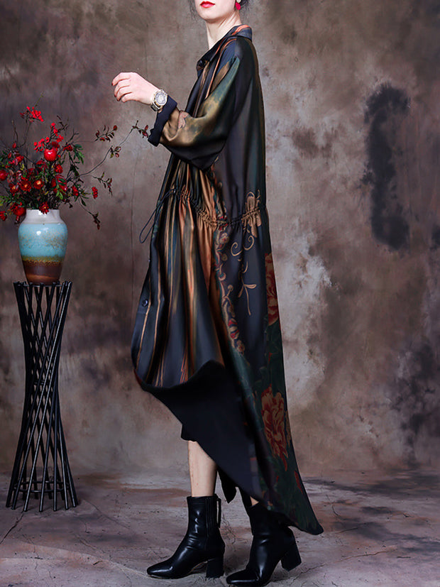 Plus-Size Women Vintage Print Loose Long Coat