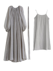 Plus-Size Women Grey Pleated Pullover Loose Waist Dress