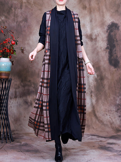 Plus-Size Women Autumn Vintage Plaid Sleeveless Coat