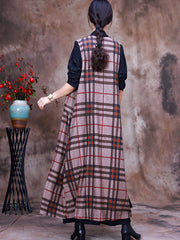 Plus-Size Women Autumn Vintage Plaid Sleeveless Coat