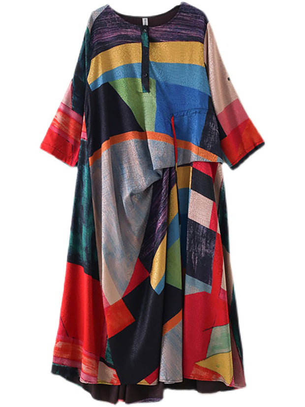 Plus-Size Women Ethnic Print Irregular Long Dress