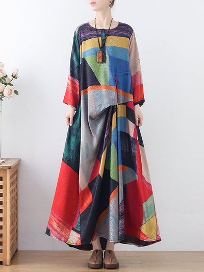 Plus-Size Women Ethnic Print Irregular Long Dress