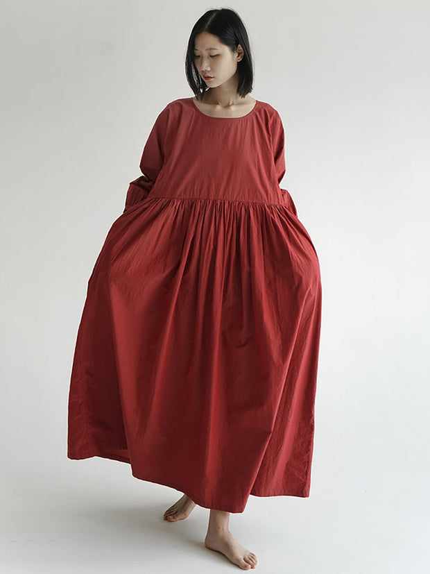 Plus-Size Women Cotton Solid Loose Long Sleeves Dress