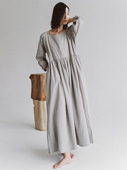 Plus-Size Women Cotton Solid Loose Long Sleeves Dress