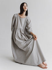 Plus-Size Women Cotton Solid Loose Long Sleeves Dress