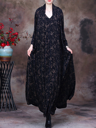 Plus-Size Vintage Floral V Neck Loose Dress For Women