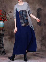 Vintage Colorblock O Neck Women Long Dress