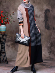 Women Colorblock Vintage Knit Long Dress