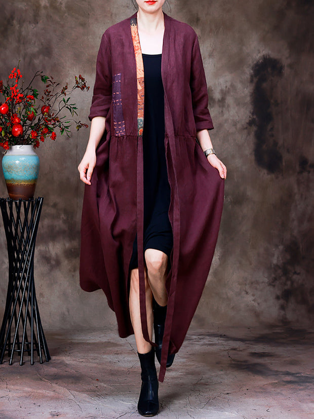 Women Linen Colorblock V-Neck Coat