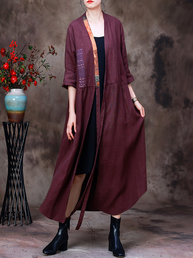 Women Linen Colorblock V-Neck Coat