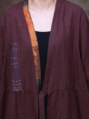 Women Linen Colorblock V-Neck Coat