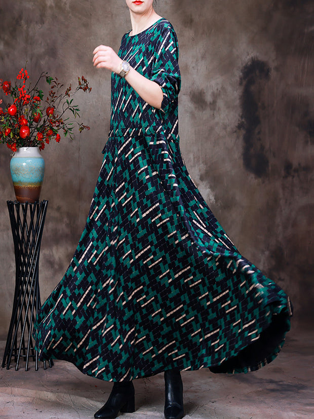 Autumn Women Print Belt Loose Dress