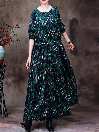 Autumn Women Print Belt Loose Dress