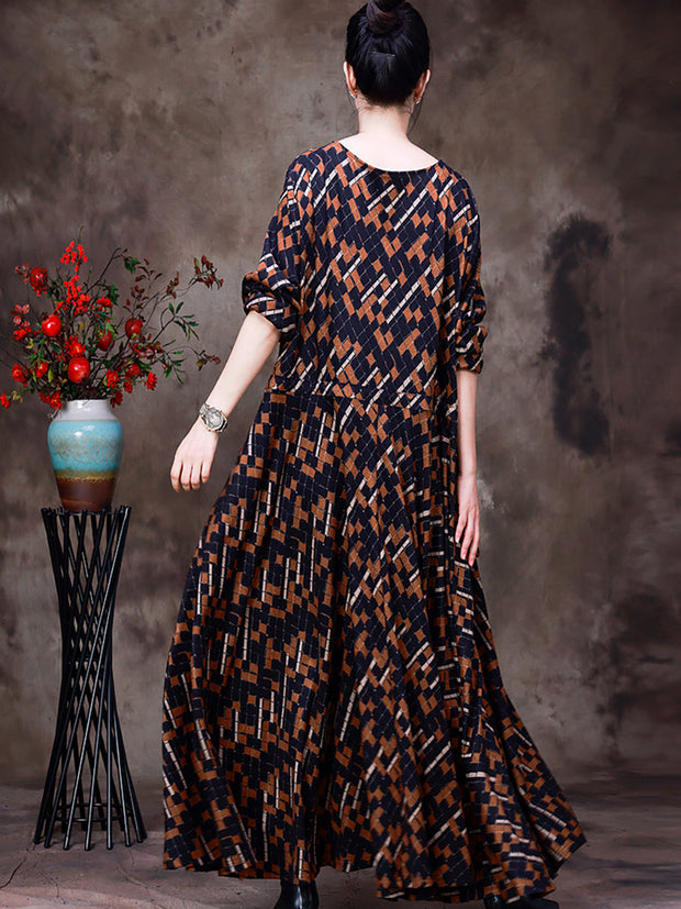 Autumn Women Print Belt Loose Dress