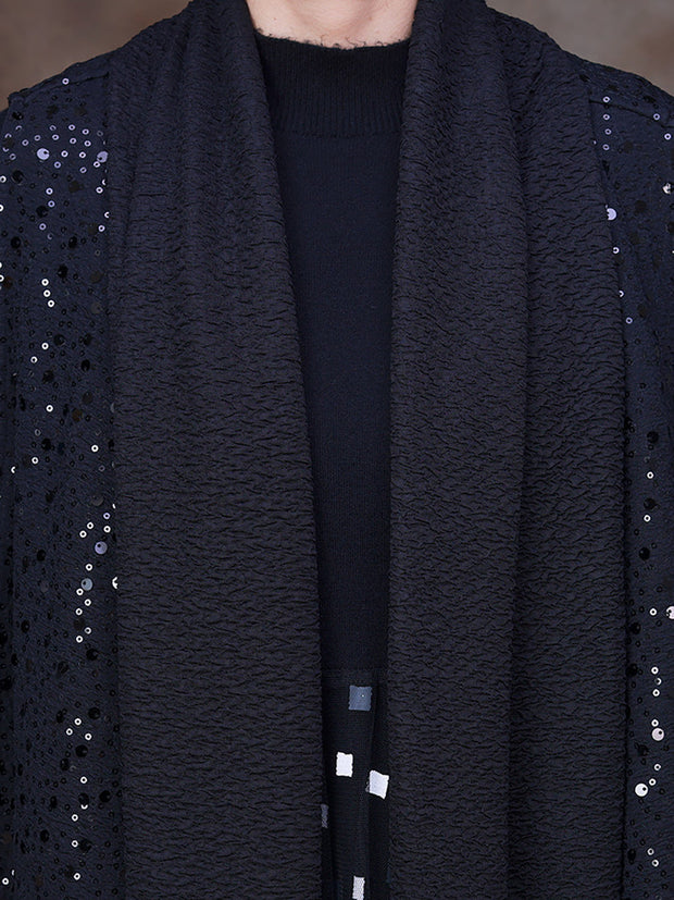 Women Wool Colorblock Sequins V-Neck Coat