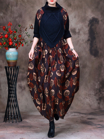 Autumn Women Polyeter Colorblock Print Dress