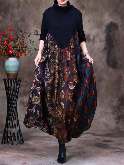 Women Wool Colorblock Floral Long Dress