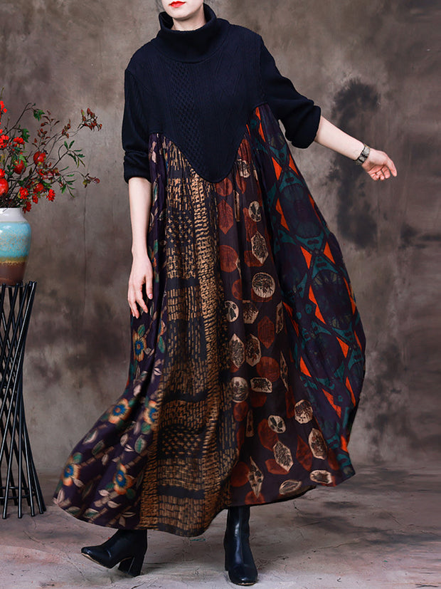 Women Wool Colorblock Floral Long Dress