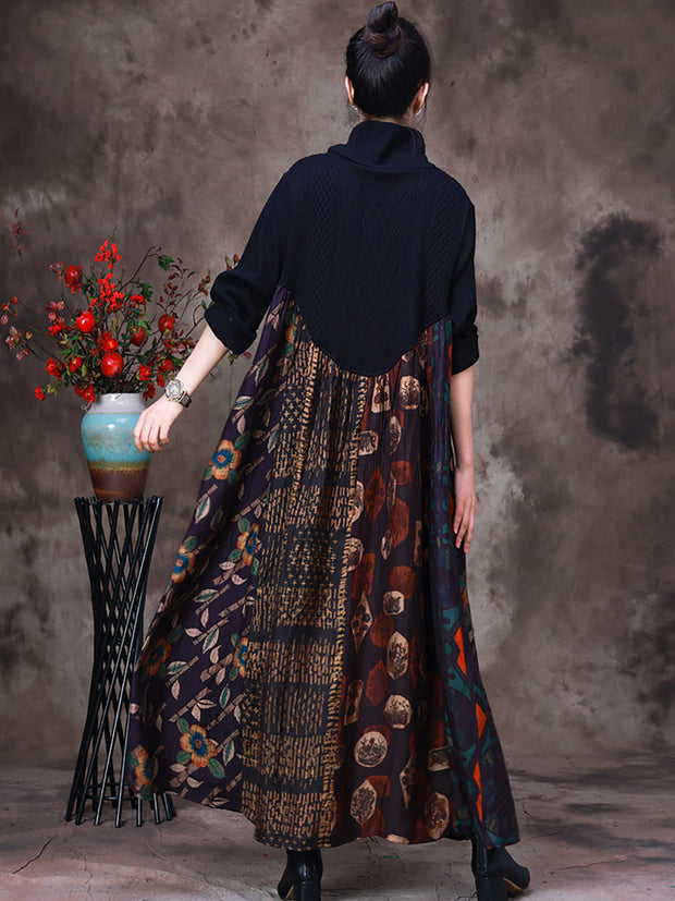 Women Wool Colorblock Floral Long Dress