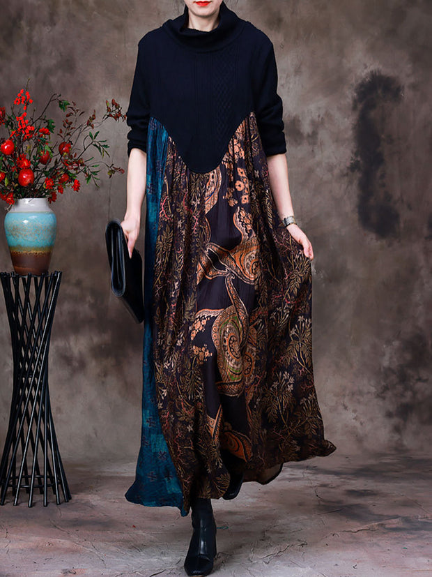 Women Wool Colorblock Floral Long Dress