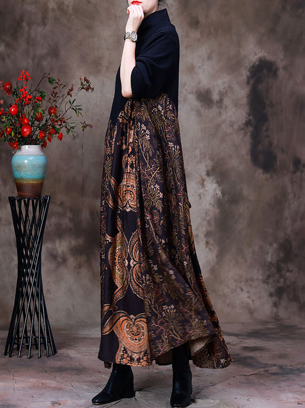 Women Wool Colorblock Floral Long Dress