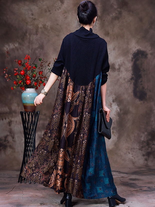 Women Wool Colorblock Floral Long Dress