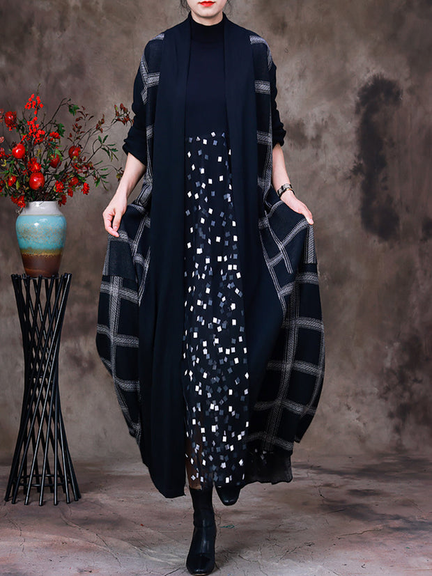 Women Casual Plaid Sweaters Long Coat