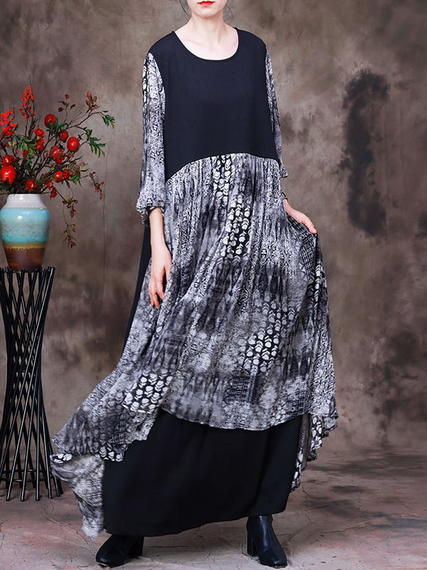 Women Fake Two-Piece Print Patchwork Maxi Dress