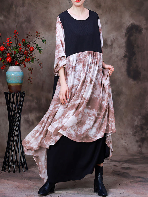 Women Fake Two-Piece Print Patchwork Maxi Dress