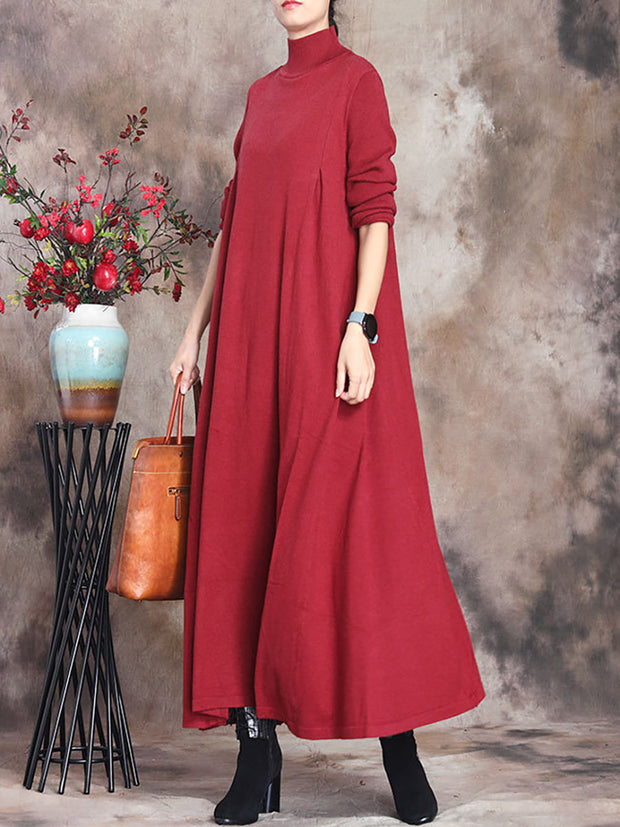 Women Artsy Solid Stand Collar Knit Dress