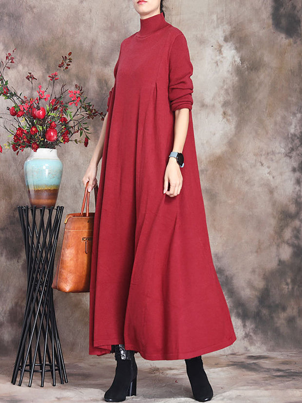 Women Artsy Solid Stand Collar Knit Dress FALIGE Women Artsy Solid Stand Collar Knit Dress FALIGE