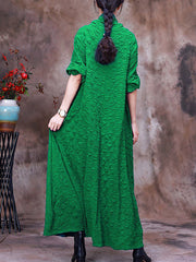 Plus-Size Pocket Pleated Long Sleeve Women Maxi Dress