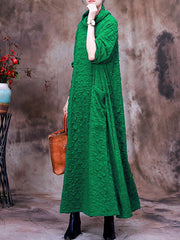 Plus-Size Pocket Pleated Long Sleeve Women Maxi Dress