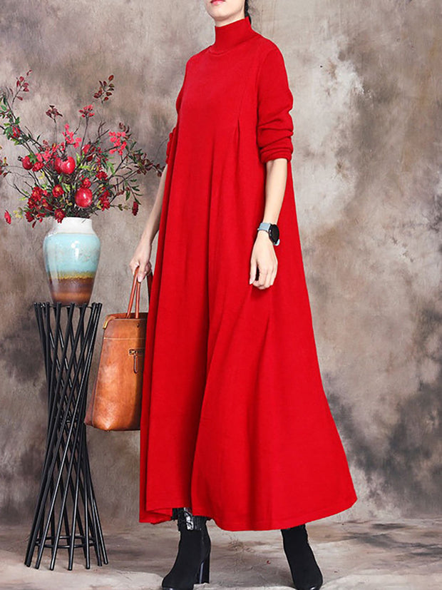 Women Artsy Solid Stand Collar Knit Dress