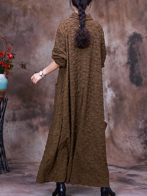 Plus-Size Pocket Pleated Long Sleeve Women Maxi Dress