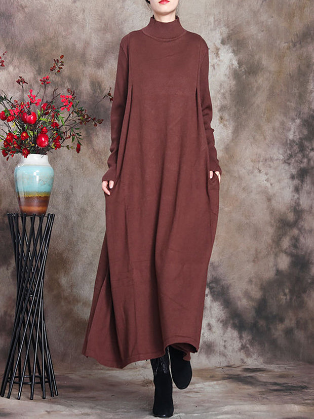 Women Artsy Solid Stand Collar Knit Dress FALIGE Women Artsy Solid Stand Collar Knit Dress FALIGE