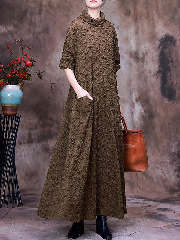 Plus-Size Pocket Pleated Long Sleeve Women Maxi Dress