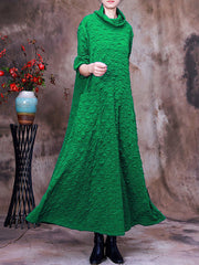 Plus-Size Pocket Pleated Long Sleeve Women Maxi Dress