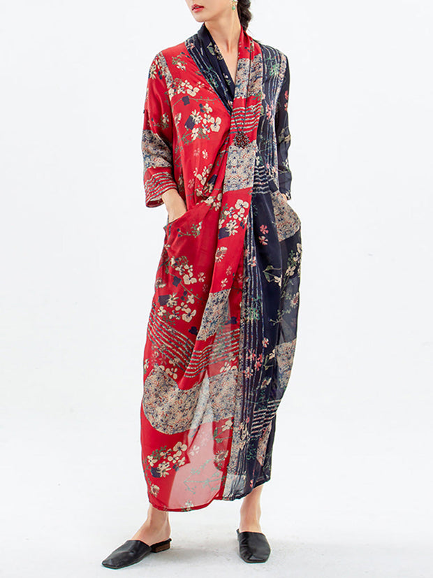 Plus Size - Spliced Floral Print Vintage Tencel Women Dress
