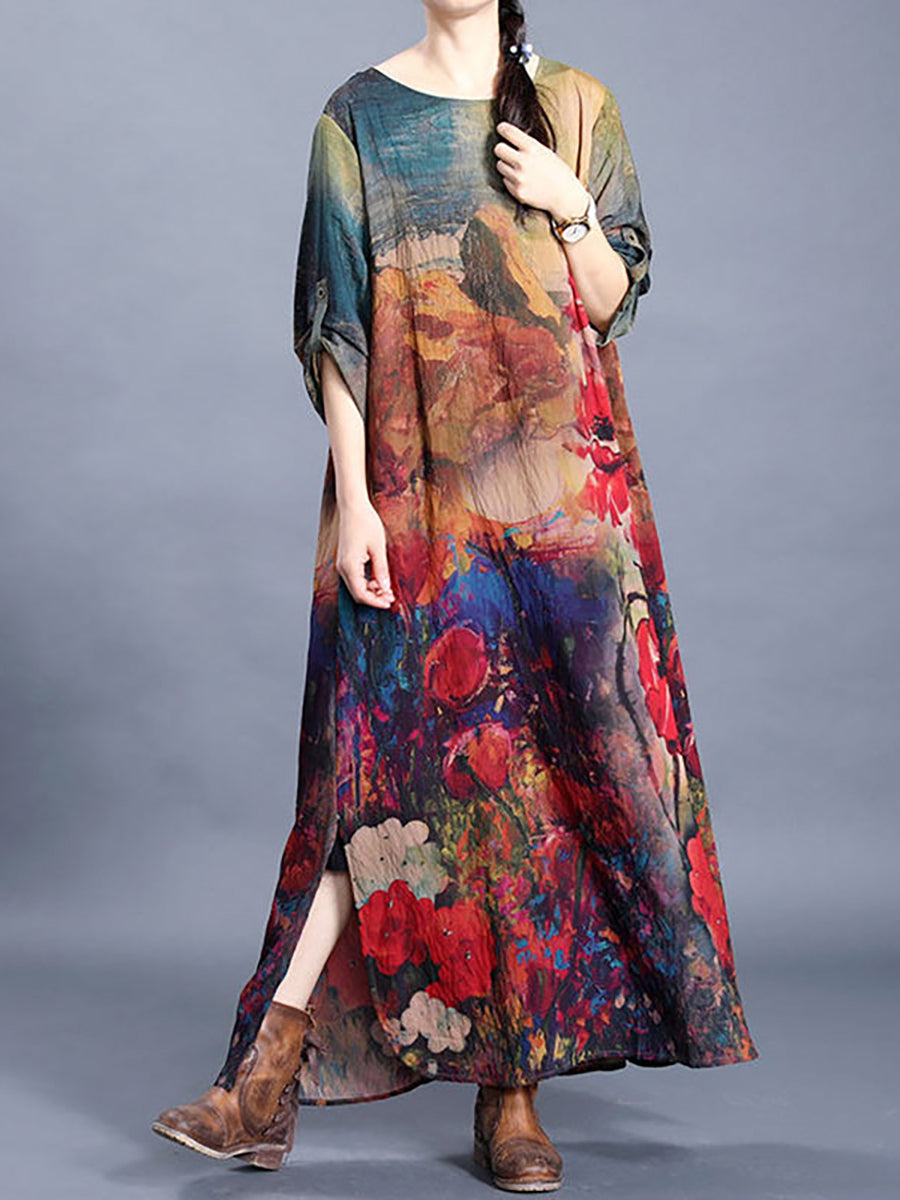 Plus-Size Flower Printed Retro Split Hem Silk Dress – FALIGE
