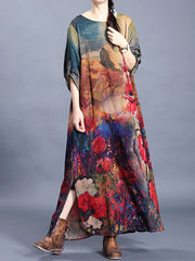 Plus-Size Flower Printed Retro Split Hem Silk Dress