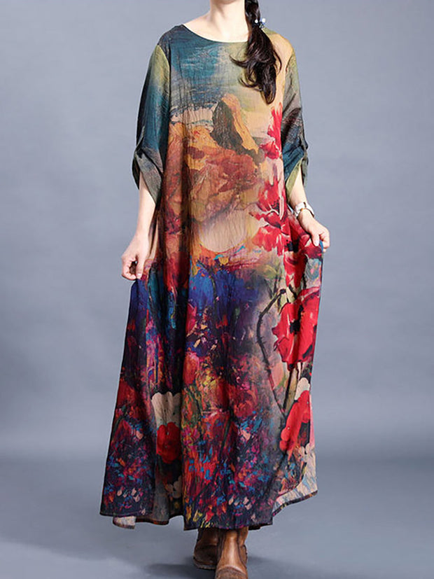 Plus-Size Flower Printed Retro Split Hem Silk Dress